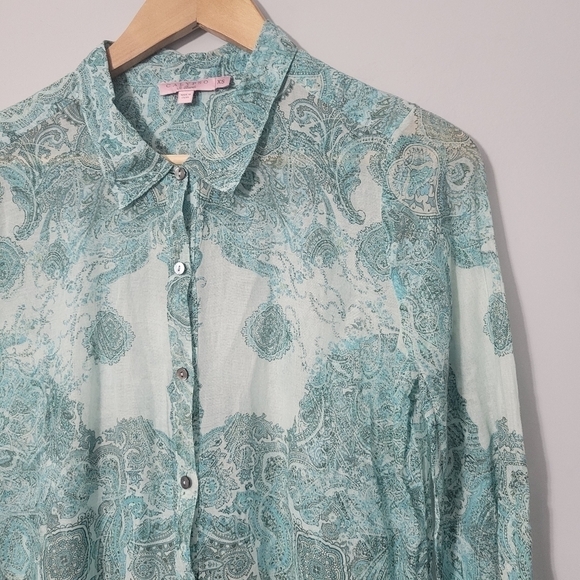 Calypso St. Barth Teal Paisley Print Button Down Collared Shirt - Picture 2 of 12